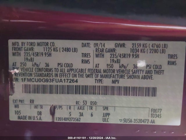 Ford ESCAPE SE 2015 1FMCU0G93FUA17264 Image 9