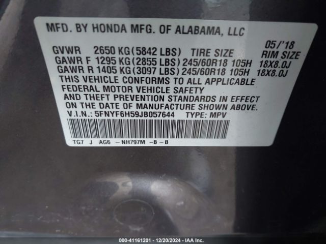 5FNYF6H59JB057644 Honda Pilot Ex-l