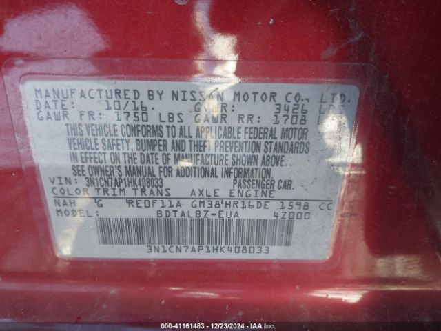 3N1CN7AP1HK408033 Nissan Versa 1.6 S/1.6 S+/1.6 Sl/1.6 Sv