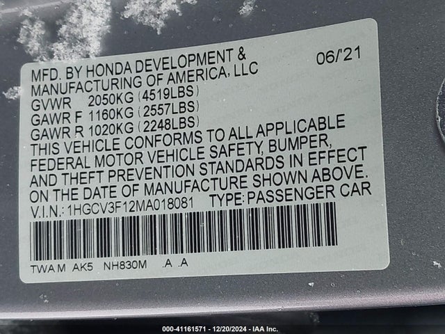 Honda lfb2 2021 1HGCV3F12MA018081 Image 9