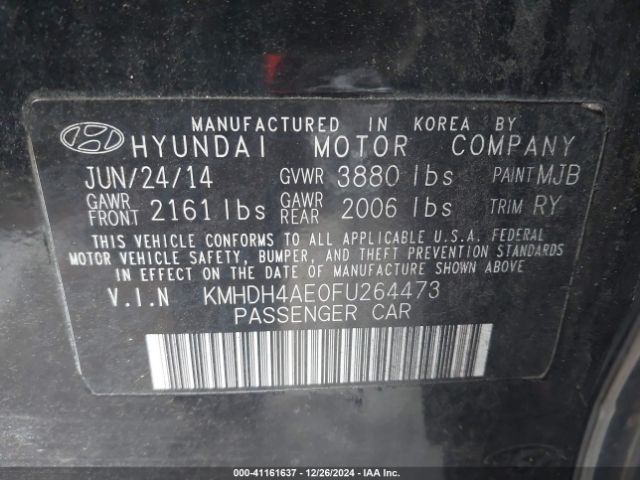 KMHDH4AE0FU264473 Hyundai ELANTRA SE