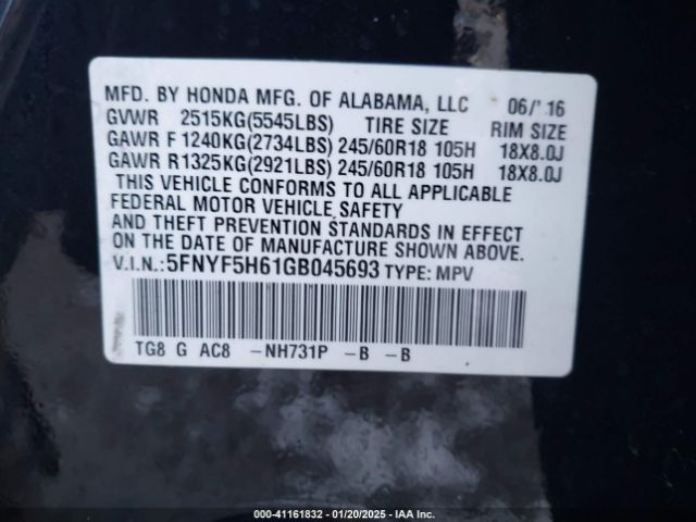 5FNYF5H61GB045693 Honda Pilot Ex-l