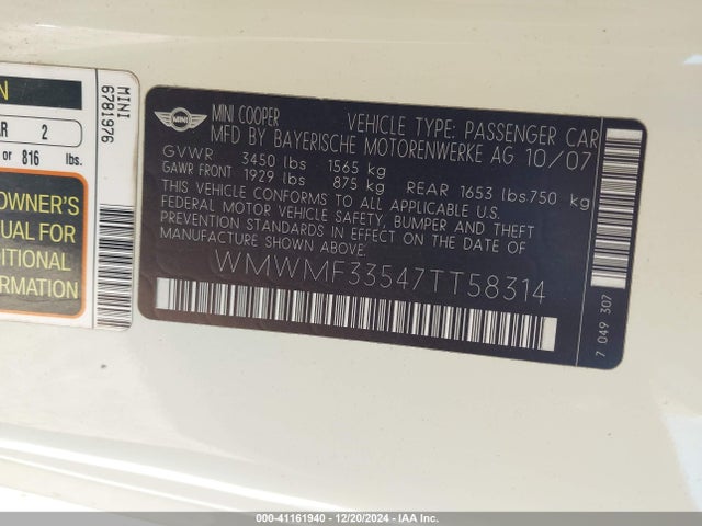 2007 MINI COOPER WMWMF33547TT58314 Photo 8