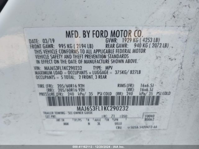 MAJ6S3FL1KC290232 Ford ECOSPORT S