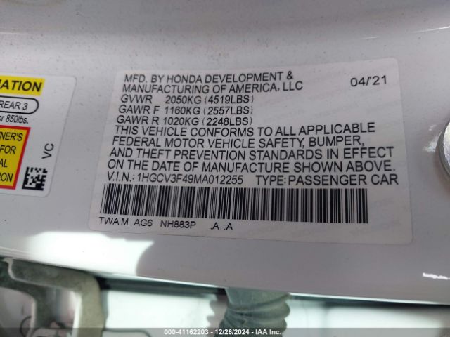 1HGCV3F49MA012255 Honda Accord Hybrid Ex