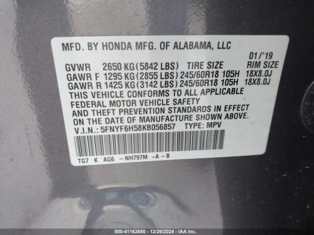 5FNYF6H58KB056857 Honda Pilot Ex-l