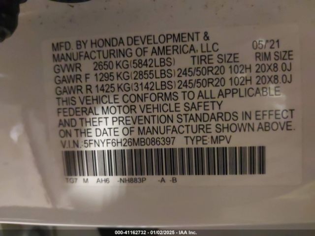 5FNYF6H26MB086397 Honda Pilot Awd Special Edition