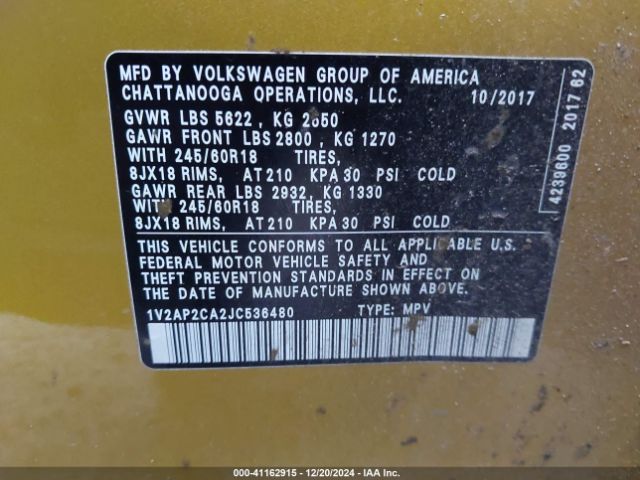 1V2AP2CA2JC536480 Volkswagen Atlas 2.0t S