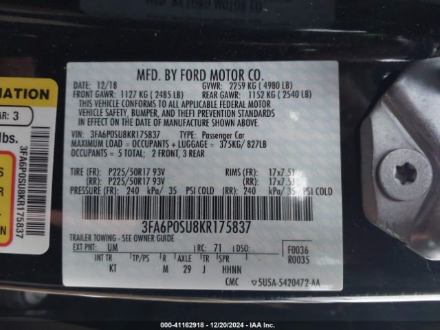 3FA6P0SU8KR175837 Ford Fusion Energi Titanium
