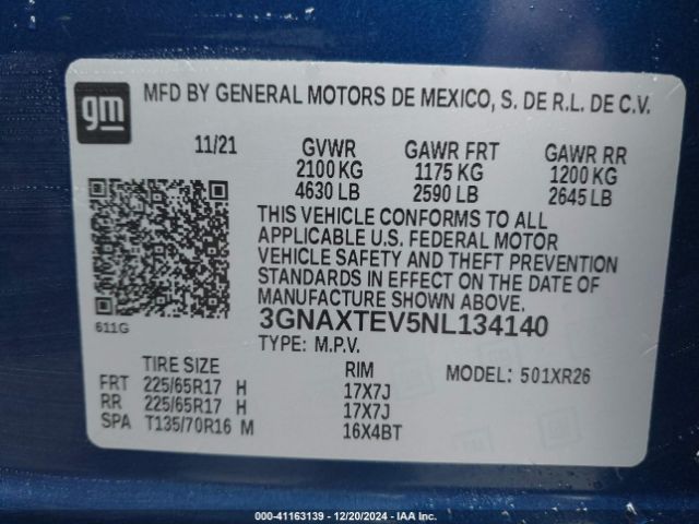 3GNAXTEV5NL134140 Chevrolet Equinox Awd 2fl