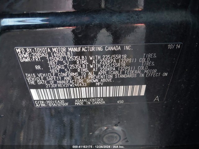 Toyota Rav4 Limited 2015 2T3DFREV2FW246433 Image 9