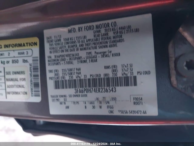 Ford FUSION SE 2014 3FA6P0H74ER236543 Image 9