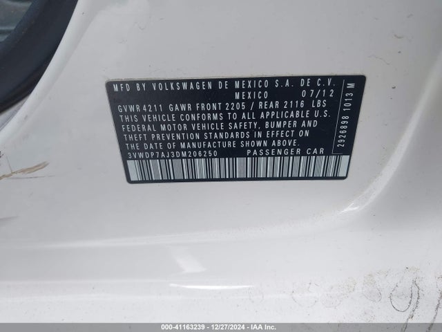 Продаж на аукціоні авто 2013 Volkswagen Jetta 2.5l Se, vin: 3VWDP7AJ3DM206250, номер лоту: 41163239