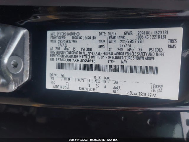 Ford ESCAPE S 2017 1FMCU0F7XHUD24515 Image 9