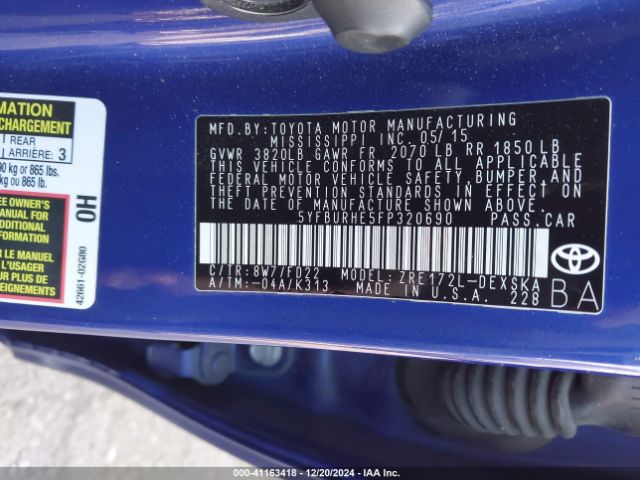 5YFBURHE5FP320690 Toyota Corolla S Plus