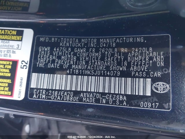 4T1B11HK5JU114079 Toyota CAMRY SE