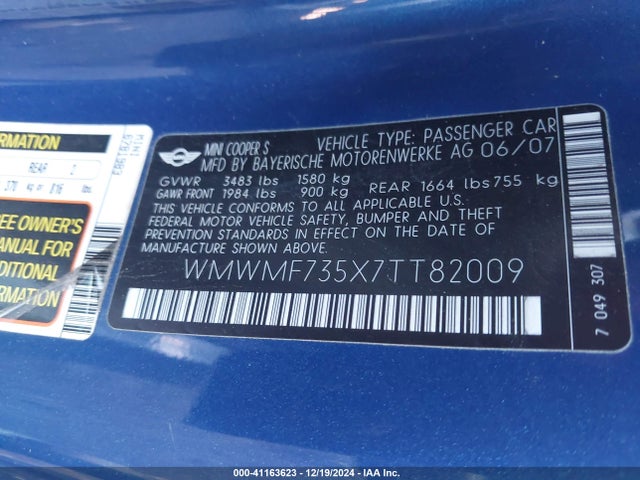 2007 MINI COOPER S WMWMF735X7TT82009 Photo 8