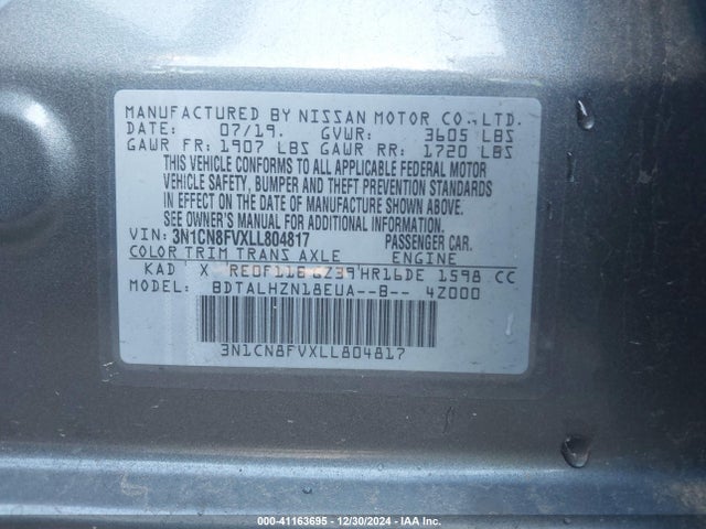 3N1CN8FVXLL804817 Nissan Versa Sr Xtronic Cvt