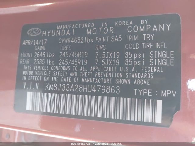 KM8J33A28HU479863 Hyundai Tucson Sport