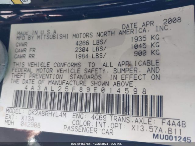 2009 MITSUBISHI ECLIPSE SPYDER 4A3AL25F89E014598 Photo 8