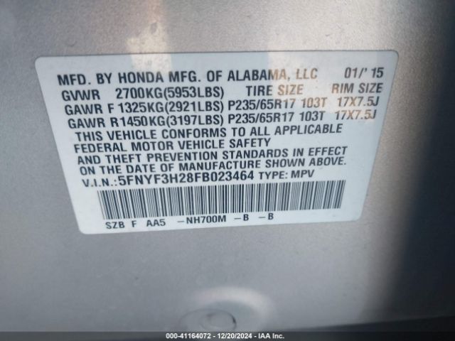 5FNYF3H28FB023464 Honda PILOT LX