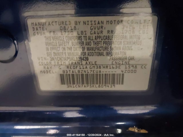 Nissan Versa 1.6 Sv 2019 3N1CN7AP5KL809439 Image 9