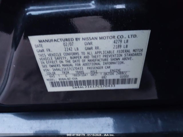 Aukcja sprzedaży 2007 Nissan Altima 2.5 S, vin: 1N4AL21E17C170433, numer aukcji: 41164179