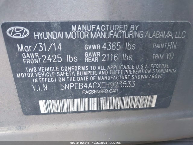 5NPEB4ACXEH923533 Hyundai SONATA GLS