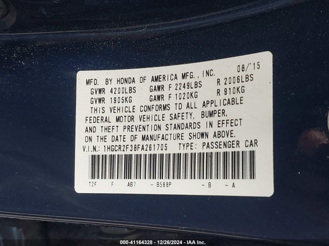 Honda ACCORD LX 2015 1HGCR2F38FA261705 Image 9