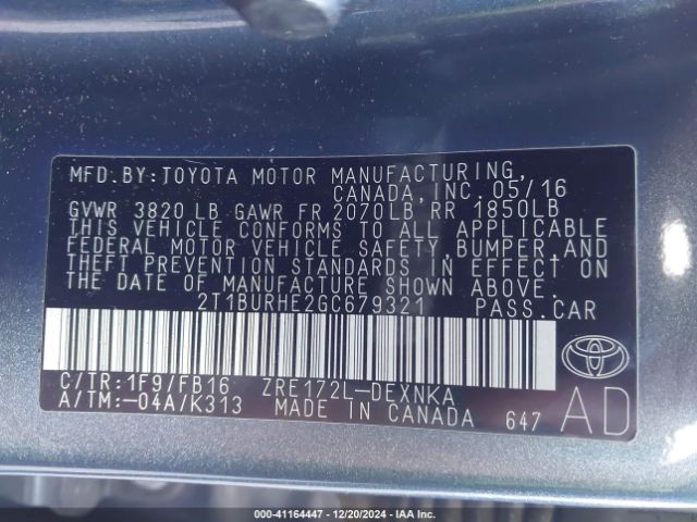 2T1BURHE2GC679321 Toyota COROLLA LE