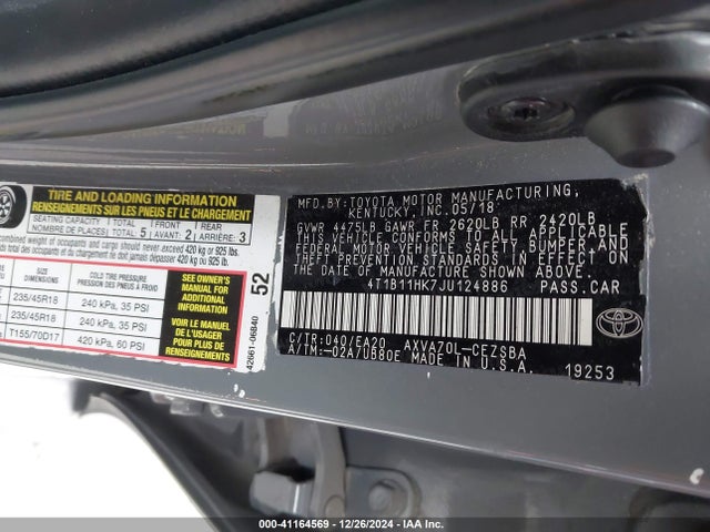 4T1B11HK7JU124886 Toyota CAMRY SE