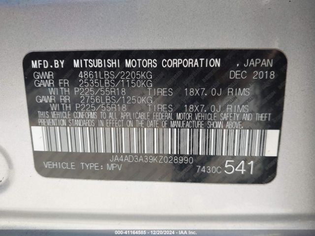 2019 MITSUBISHI OUTLANDER JA4AD3A39KZ028990 Photo 8