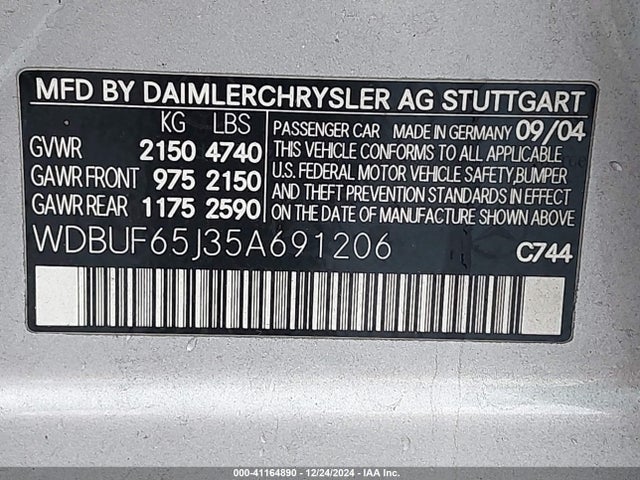 Продажа на аукционе авто 2005 Mercedes-benz E 320, vin: WDBUF65J35A691206, номер лота: 41164890