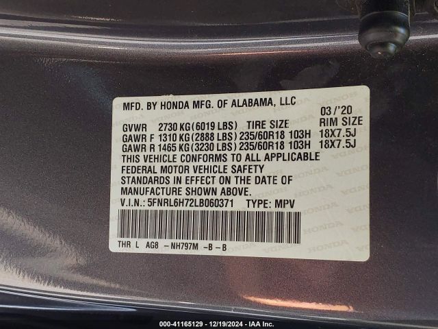 5FNRL6H72LB060371 Honda Odyssey Ex-l/ex-l W/navi   Res