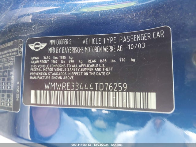 2004 MINI COOPER S WMWRE33444TD76259 Photo 8