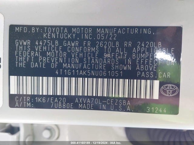 Toyota CAMRY SE 2022 4T1G11AK5NU061051 Image 9