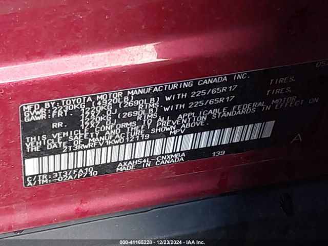2T3RWRFV1KW012119 Toyota Rav4 Hybrid Xle