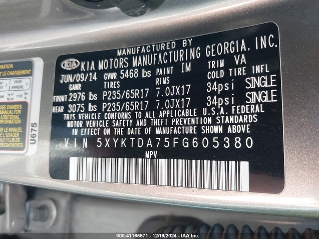 KIA Sorento Lx V6 2015 5XYKTDA75FG605380 Image 9