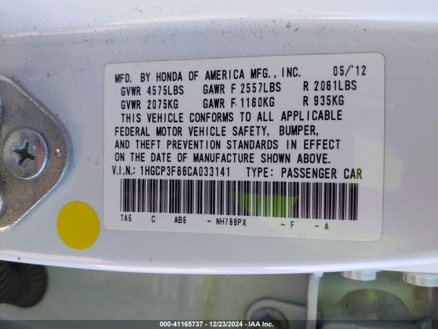 Aukcja sprzedaży 2012 Honda Accord 3.5 Ex-l, vin: 1HGCP3F86CA033141, numer aukcji: 41165737