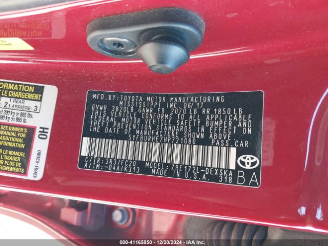 5YFBURHE7HP721080 Toyota COROLLA SE