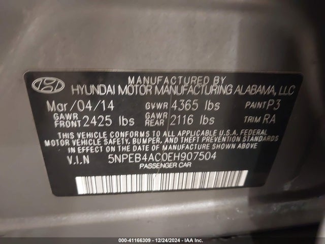 5NPEB4AC0EH907504 Hyundai SONATA GLS