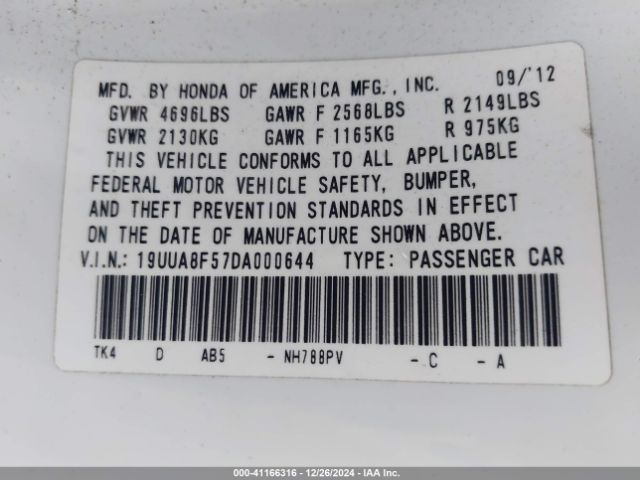 2013 ACURA TL 19UUA8F57DA000644 Photo 8