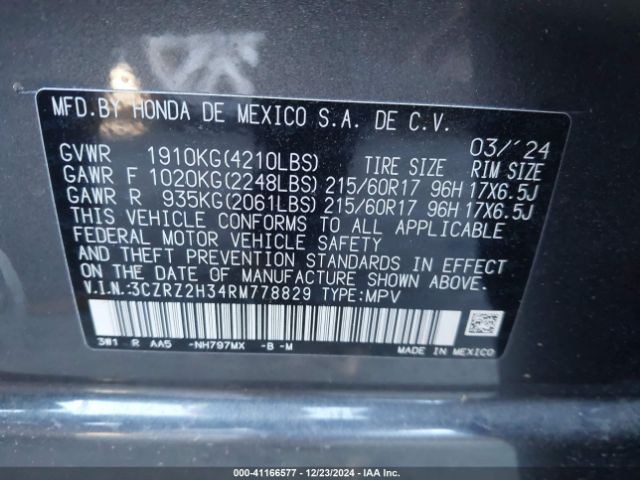 3CZRZ2H34RM778829 Honda Hr-v Awd Lx