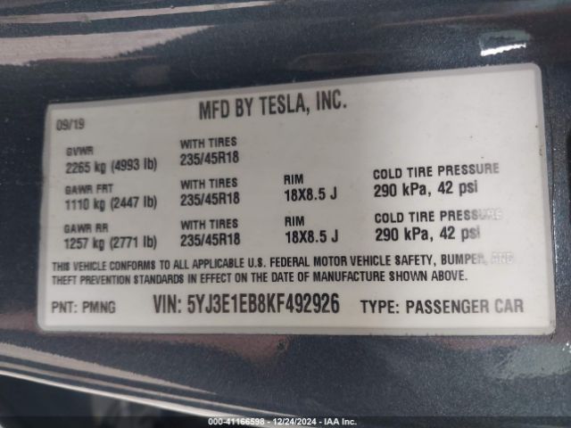 5YJ3E1EB8KF492926 Tesla Model 3 Long Range/performance
