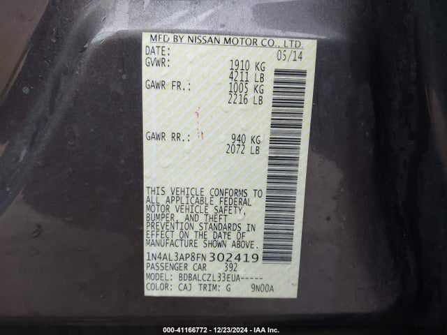1N4AL3AP8FN302419 Nissan Altima 2.5/2.5 S/2.5 Sl/2.5 Sv