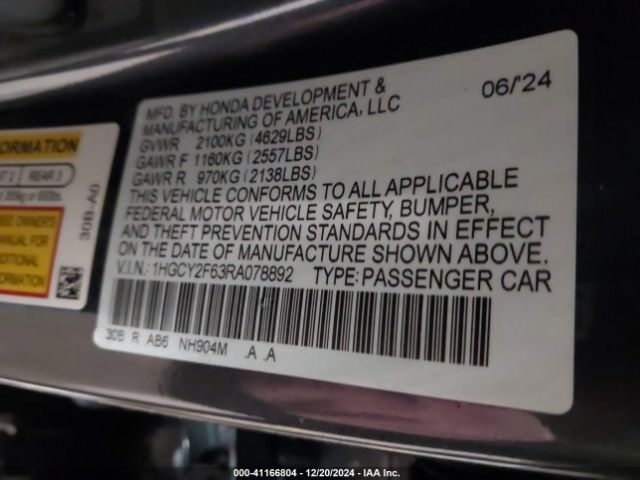 1HGCY2F63RA078892 Honda Accord Hybrid Ex-l
