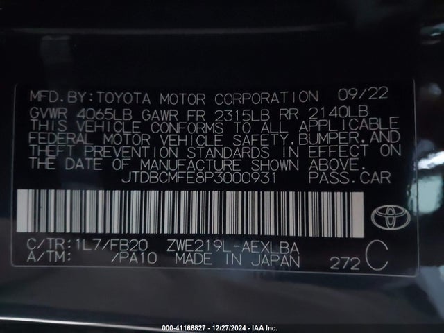 JTDBCMFE8P3000931 Toyota Corolla Hybrid Le
