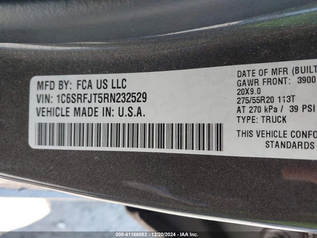 1C6SRFJT5RN232529 RAM 1500 Laramie  4x4 5'7 Box