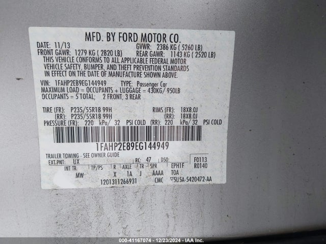 Ford TAURUS SEL 2014 1FAHP2E89EG144949 Image 9