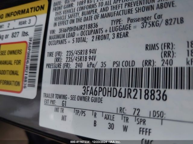 3FA6P0HD6JR218836 Ford FUSION SE